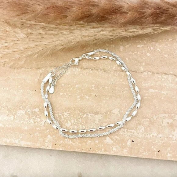 Sterling Silver Double Chain Layer Bracelet Shiny Sequin Dainty Chain Bracelet - Picture 2 of 3